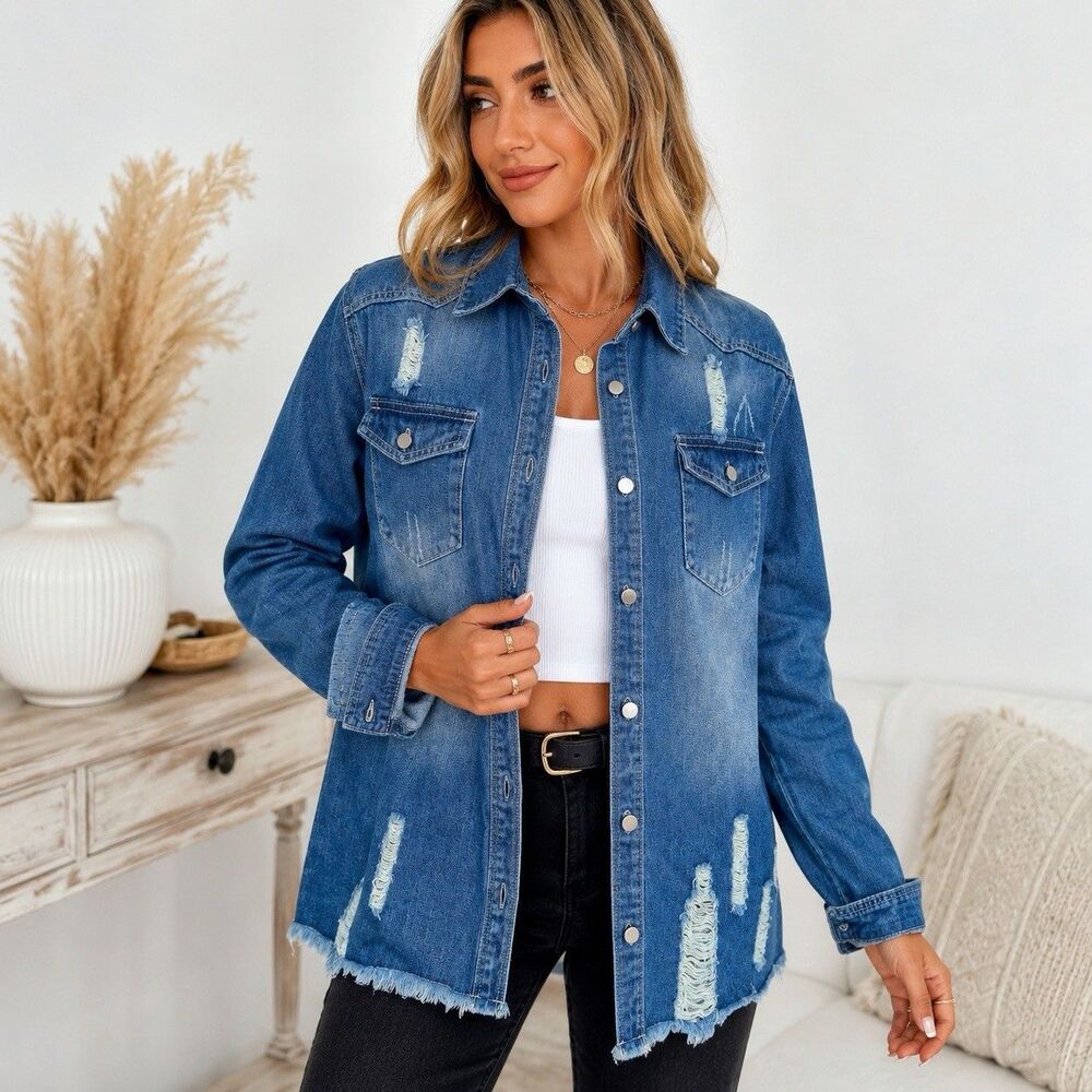 Dokotoo Distressed Denim Shacket Frayed Hem Snap Front Oversized Shirt Jacket XL